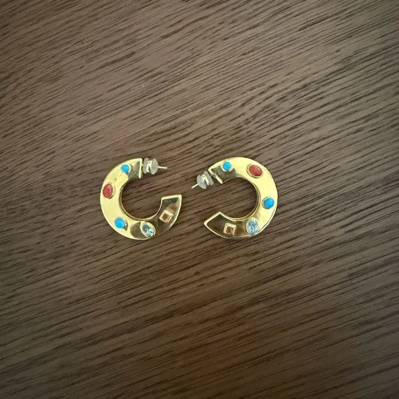 Gold Hoop Earrings with Coral, Turquoise and Clear Accent Stones - Picture 1 of 3